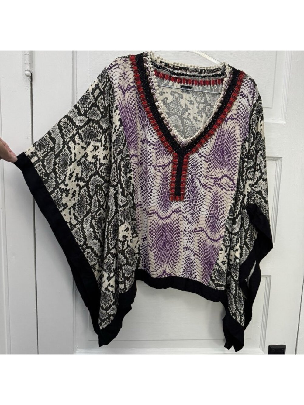 Zingara Womens 2XL Tag 1 Snake Print Beaded Poncho Top Viscose Boho